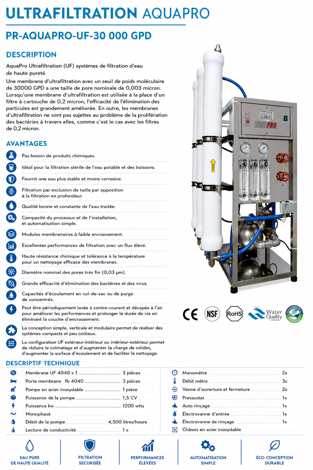 Unité d'Ultrafiltration Aquapro PR-AUF-30000G — 30 000-36 000 GPD